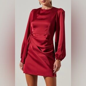 ASTR the Label Long Sleeve Draped Satin Minidress - Red Sz M